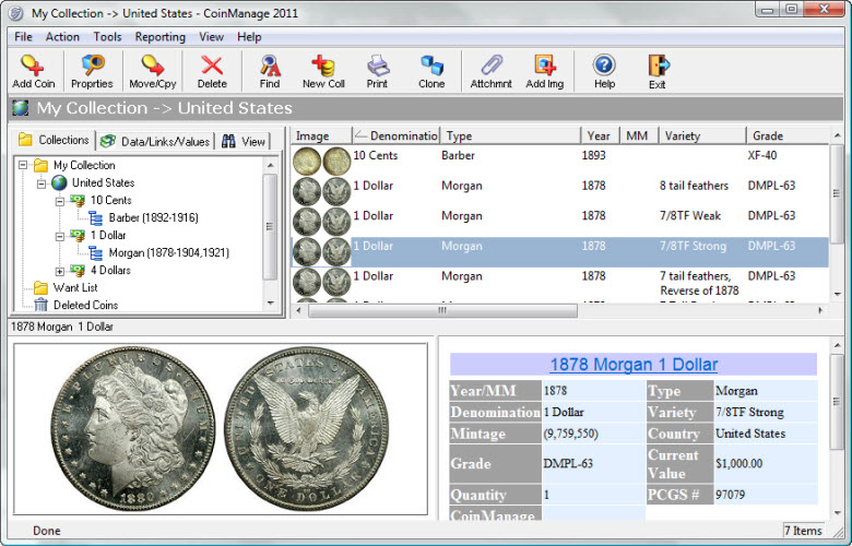 Screenshot of CoinManage Coin Collecting Software 2007