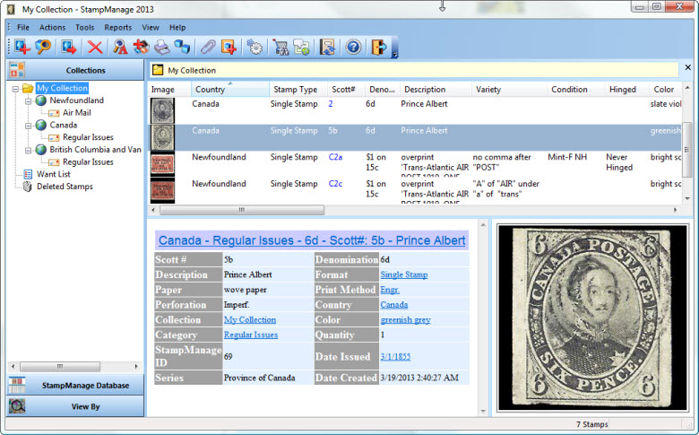 Screenshot of StampManage Canada