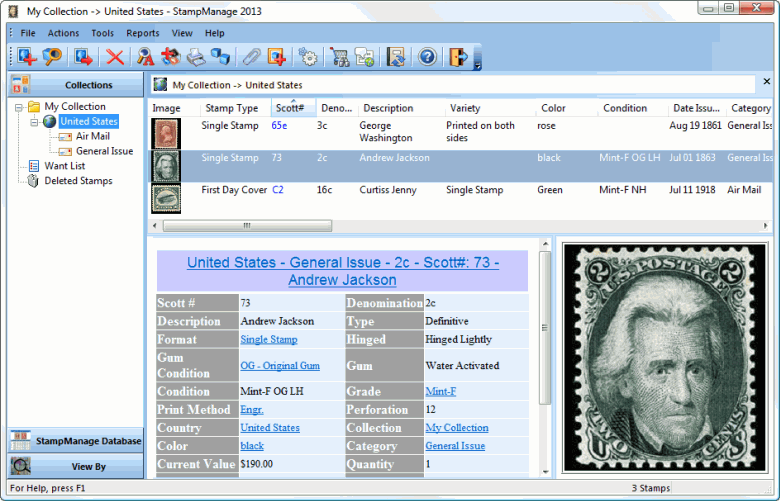 USA Stamp Collecting Software main screen