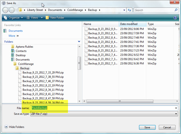 CoinManage Backup Save As Dialog