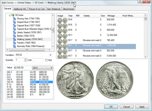 Add a Walking Liberty Half Dollar to your coin collection inventory